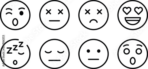 Eight diverse line art emoticon icons including winking dead heart eyes sleeping and surprised expressions for social media communication.