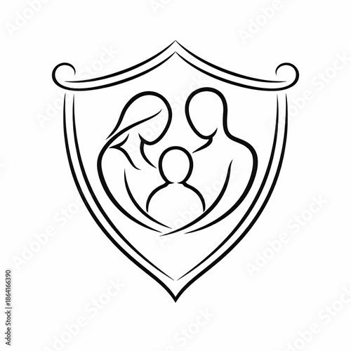 Family Protection Shield Icon Line Style | Insurance & Security Concept
