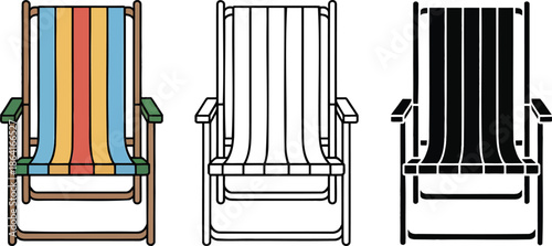 Folding beach chair silhouette & Outline and illustration set isolated on transparent background