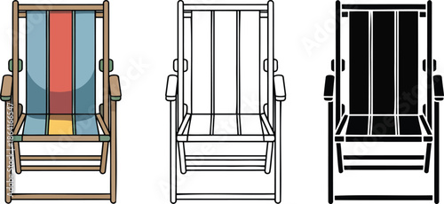 Folding beach chair silhouette & Outline and illustration set isolated on transparent background