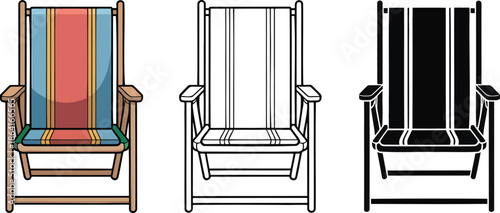 Folding beach chair silhouette & Outline and illustration set isolated on transparent background