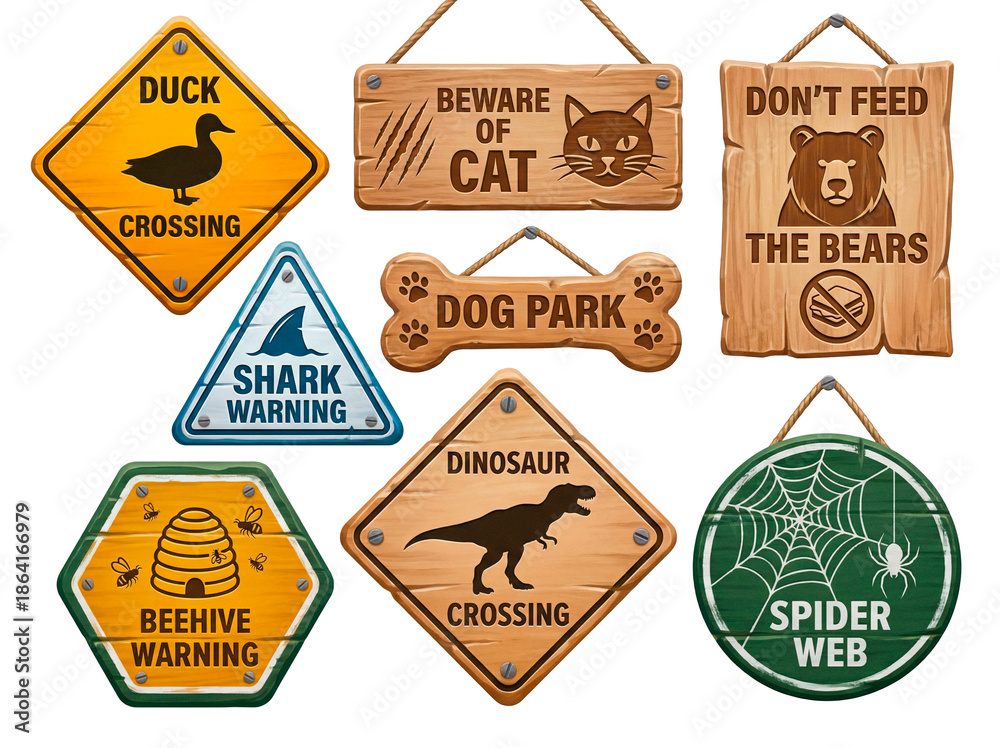 Obraz premium Wooden and metal wildlife animal warning and park information signs