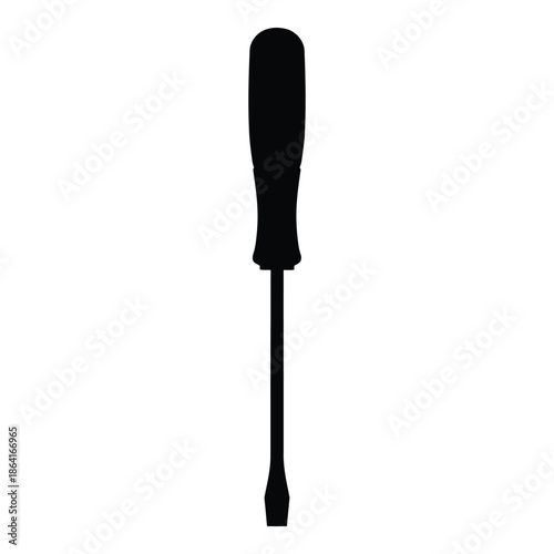A simple black silhouette of a flathead screwdriver against a white background