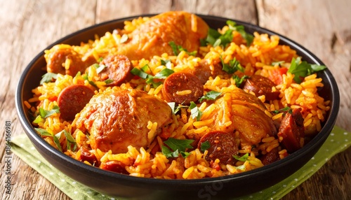 Delicious Chicken and Chorizo Paella with Rice and Herbs.