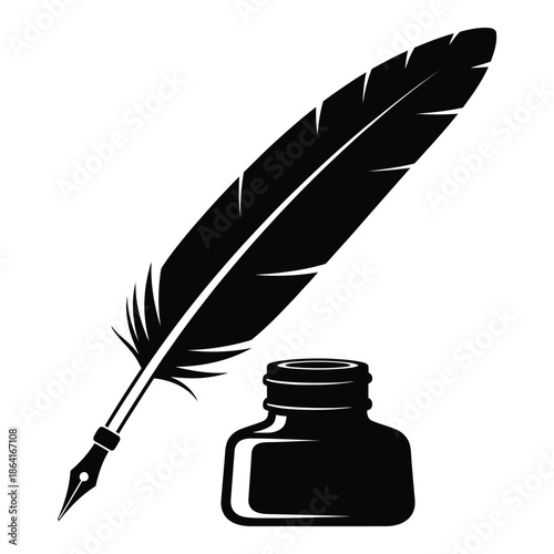 A classic black quill pen rests beside a small ink bottle illustration