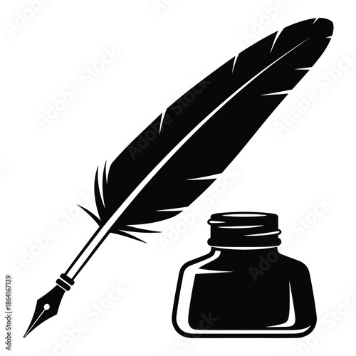 A classic black quill pen rests beside a small ink bottle