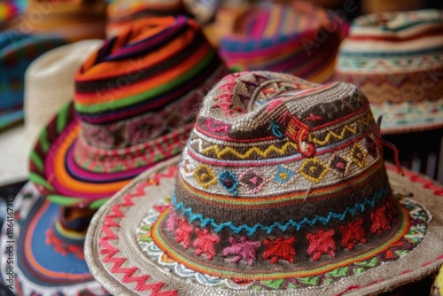 Traditional andean hats displaying vibrant colors and intricate patterns, showcasing the rich cultural heritage of the andes region