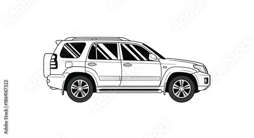 A simple black and white line drawing of a modern suv vehicle side view