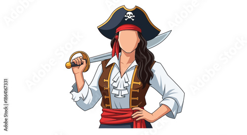 Female pirate character illustration holding a sword with hat and red bandana
