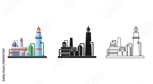 Industrial complex icons oil refinery factory and power plant variations