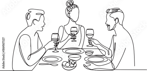 Birthday party continuous one line vector drawing. Woman and guests sitting at table drink wine, toast.