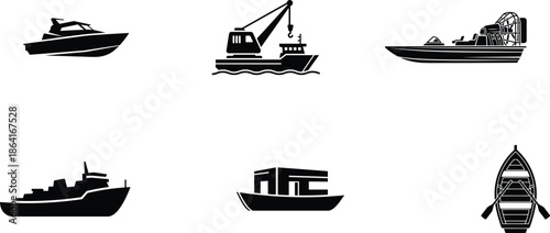 Collection of various boat and ship silhouettes on white background