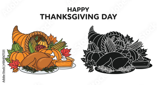 Colorful and monochrome cornucopias with fall harvest elements for thanksgiving day