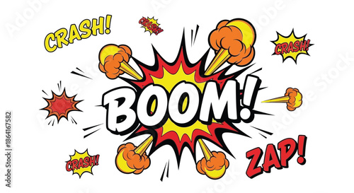 Comic book explosion stylized crash boom and zap sound effects illustration