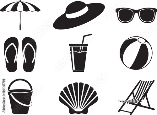 Black and white beach vacation icons including umbrella, sun hat, sunglasses, flip flops, cold drink, beach ball, bucket, seashell, lounge chair