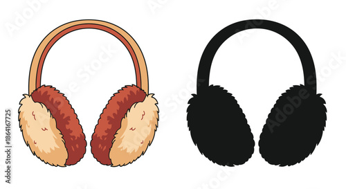 Illustration of two sets of winter earmuffs one colored and one monochrome