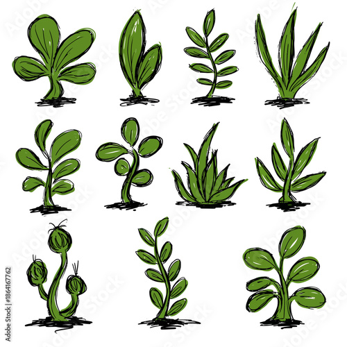 Collection of diverse rough brush stroke vector plant doodles, hand-drawn nature elements for artistic design