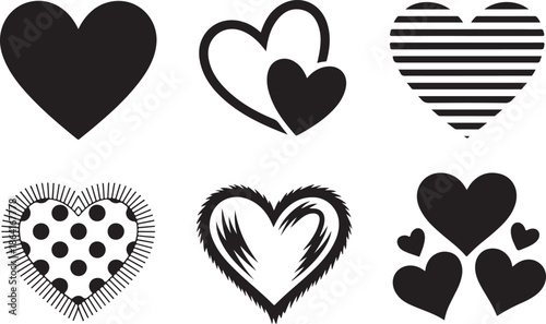 Black and white heart shapes vector set with various designs and patterns for romantic themes