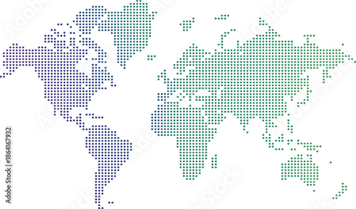 Black halftone dotted blue gradient world map. Vector illustration. Dotted map in flat design. Vector illustration isolated on white background