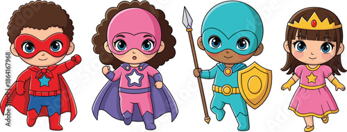 Cute cartoon superhero kids character set featuring boys and girls in colorful costumes, masks, capes, and heroic fantasy outfits