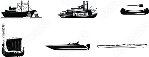 collection of various boats and ships for transportation and recreation on water  sailboats and motorboats