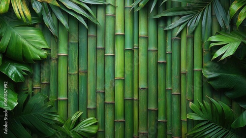 Lush tropical leaves surround a vibrant green bamboo stalk background. Great for natural, Asian, or zen themed design and creative projects.