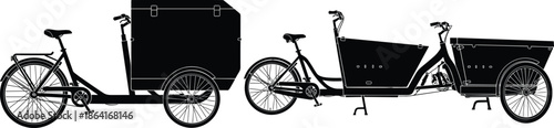 Black cargo bicycle silhouette set featuring delivery tricycles and utility bikes for urban transport, logistics, eco friendly shipping concepts
