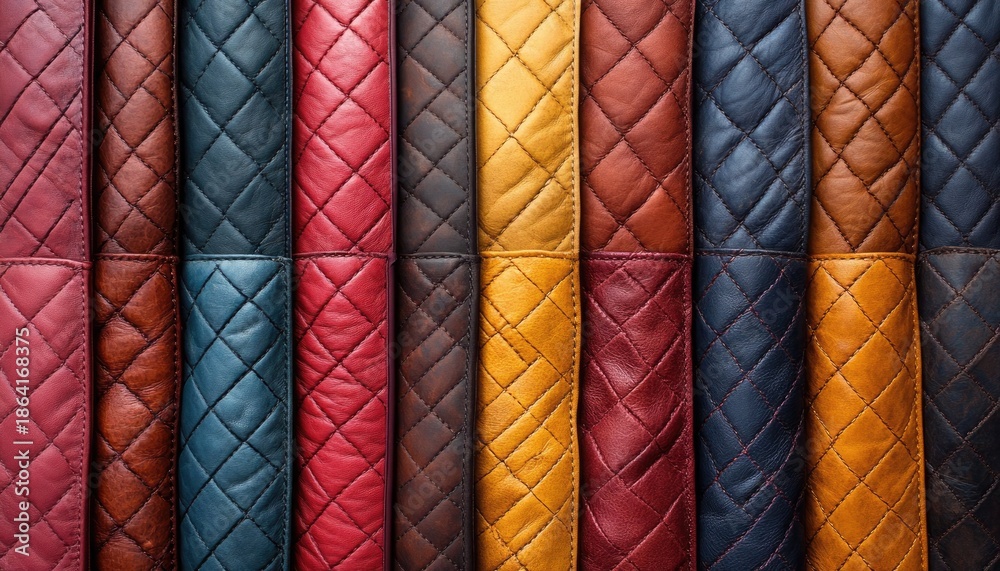 Obraz premium Close-up of colorful quilted leather samples arranged side by side. Use for design mockups, backgrounds, or product visualizations.