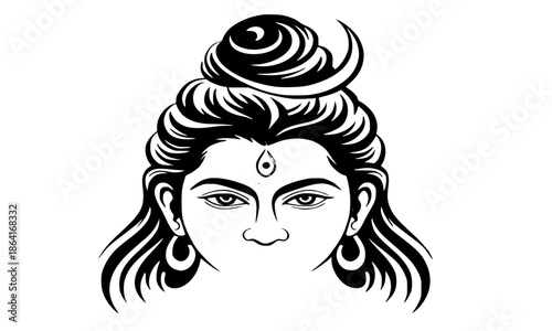 Lord Shiva Face Vector Illustration, Hindu God Mahadev Line Art, Spiritual Shiva Deity Portrait with Moon and Third Eye, Black and White Religious Icon, Indian Mythology Yoga and Meditation Graphics