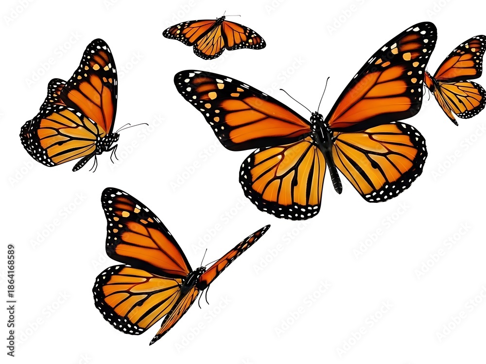 Fototapeta premium Three Monarch butterflies in mid-flight.