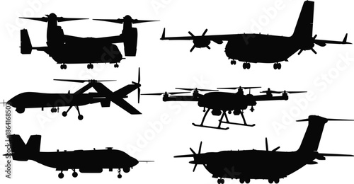 Black military and civilian aircraft silhouette icon set featuring transport planes, drones, helicopters, and tiltrotor aviation vehicles in flat style
