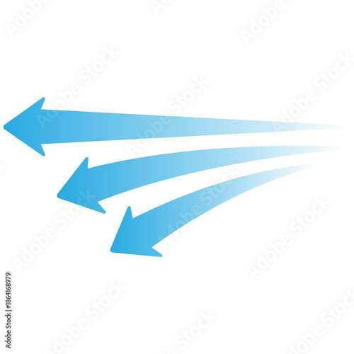 Schilderij op canvas Three Blue Gradient Arrows Moving Left, Parallel Curved Arrows, Speed Motion Flo