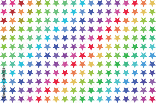 Vibrant multicolored star pattern on white background, colorful stars in various hues and shades, decorative illustration for design and artistic projects