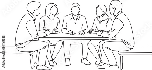 Business team meeting continuous line drawing. Friends in cafe contour vector illustration.