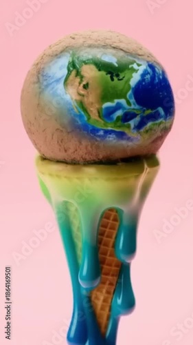 A scoop of ice cream shaped like the globe melting in a waffle cone, symbolizing global warming. You can eat the Earth like an ice cream, like a treat, and once you're done, the sugar turn bitter 9:16