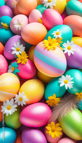 A vibrant display of pastel colored easter eggs combined with daisy flowers and feathers, creating a festive atmosphere perfect for celebrating Easter.