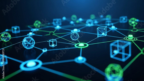 A futuristic network graphic with glowing blue and green lines and nodes on a dark background