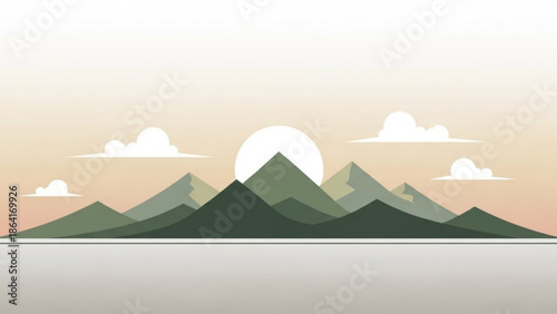 A minimalist vector graphic illustration of a mountain range at sunset with a flat design style