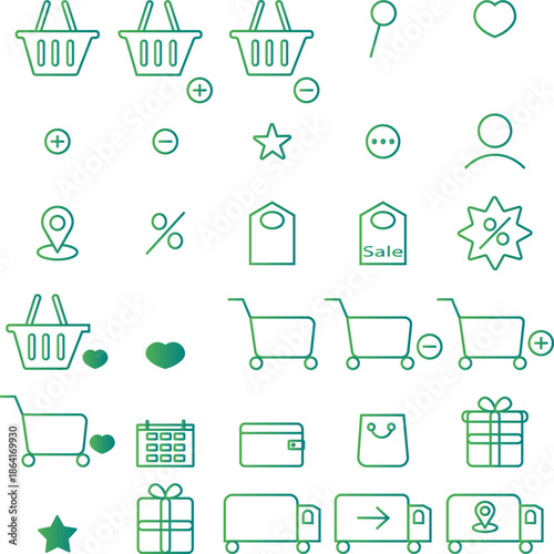 Stylized gradient icons with soft rounded shapes for e-commerce and mobile shopping interfaces. Includes expanded elements for cart, sale, delivery, and user actions.