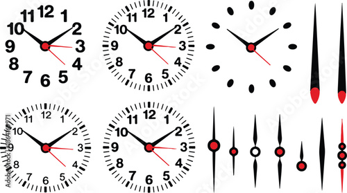 Clock face blank isolated on white background. Vector clock hands. Set for watch design