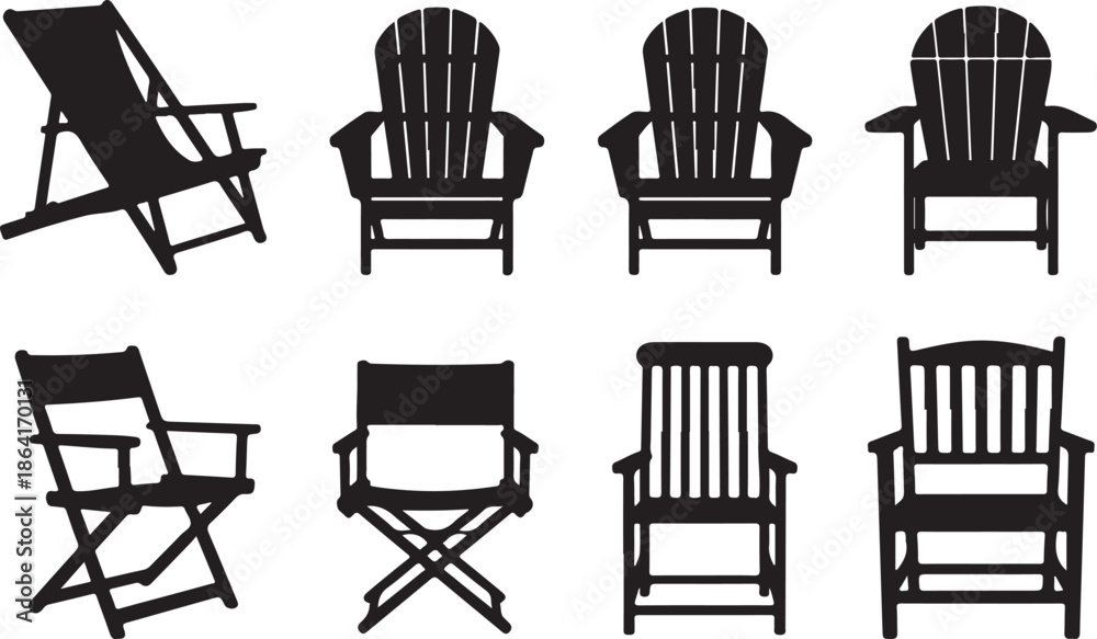 Fototapeta premium Collection of Adirondack and Deck Chair Silhouettes, Outdoor Wooden Garden Furniture Vector Set for Resort and Patio Design