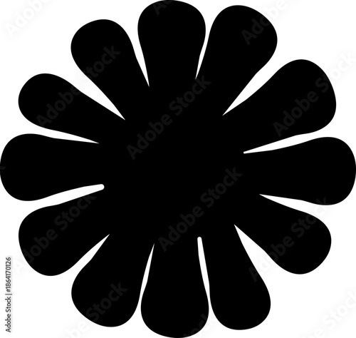 Groovy daisy flowers set. Flat black icons. Simple flower silhouette. Retro vintage style, hand drawn decorative elements. Isolated on transparent background.