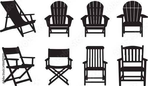 Collection of Adirondack and Deck Chair Silhouettes, Outdoor Wooden Garden Furniture Vector Set for Resort and Patio Design