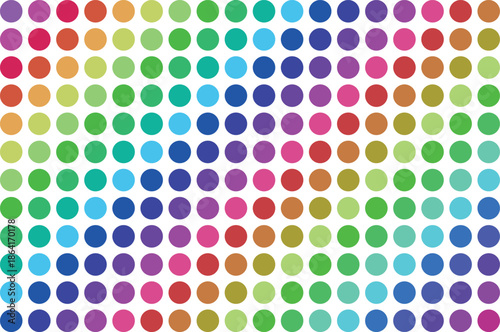 Vibrant multicolored polka dot pattern on white background, colorful dots in various sizes and hues creating a playful and lively illustration