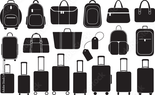 Collection of diverse black luggage silhouettes including rolling suitcases backpacks duffel bags and travel bags for vacation and business trips