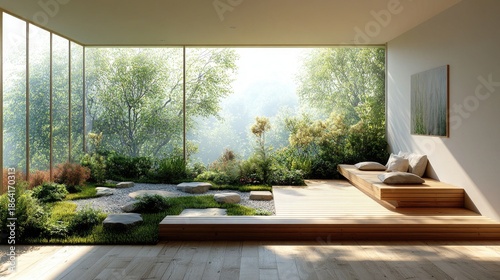 Indoor Zen garden with seating area and floor to ceiling glass window. Perfect for showing peaceful, modern architecture and relaxation.