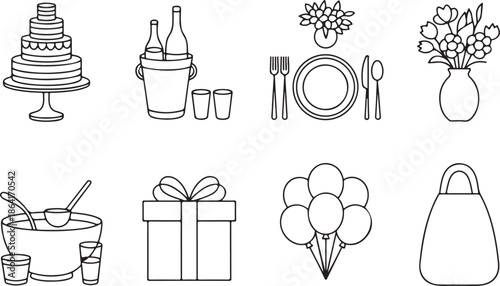 Collection of elegant hand drawn wedding and celebration elements in a sketch silhouette style