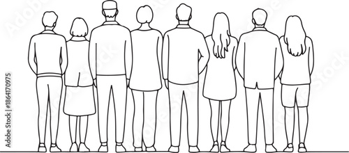 Contour line drawing group of people waiting in queue. Crowd standing at concert, meeting back view