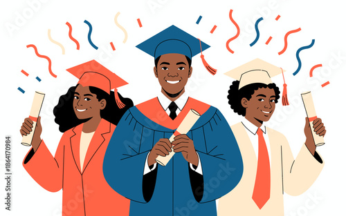 A vibrant graduation scene featuring joyful students in caps and gowns celebrating their achievements with diplomas, embodying the spirit of success and accomplishment.