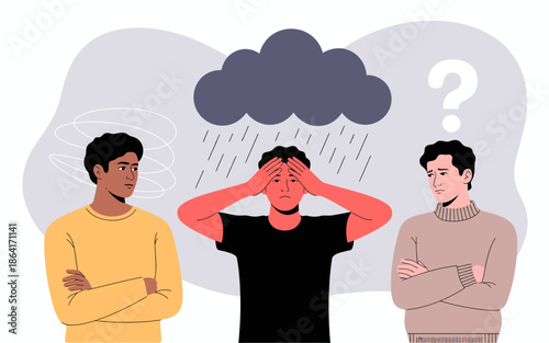 A trio of friends stands together, expressing various emotional states, showcasing the struggle of dealing with mental health issues under an ominous cloud backdrop.